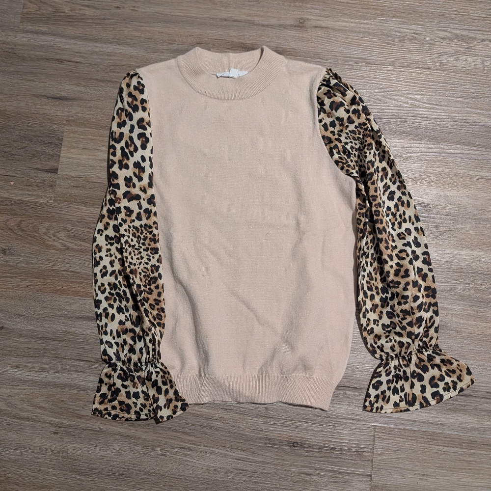 THML Cream Sweater with Leopard Print Sleeves